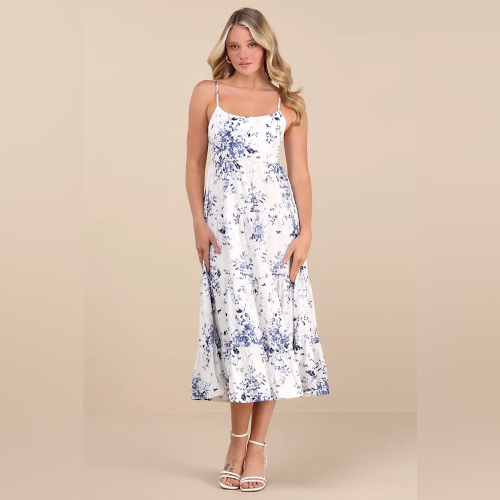 Lulu’s Mykonos Mood Ivory Floral Print Tie-Strap Tiered Midi Dress